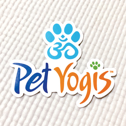 Pet Yogis vinyl sticker on white yoga mat